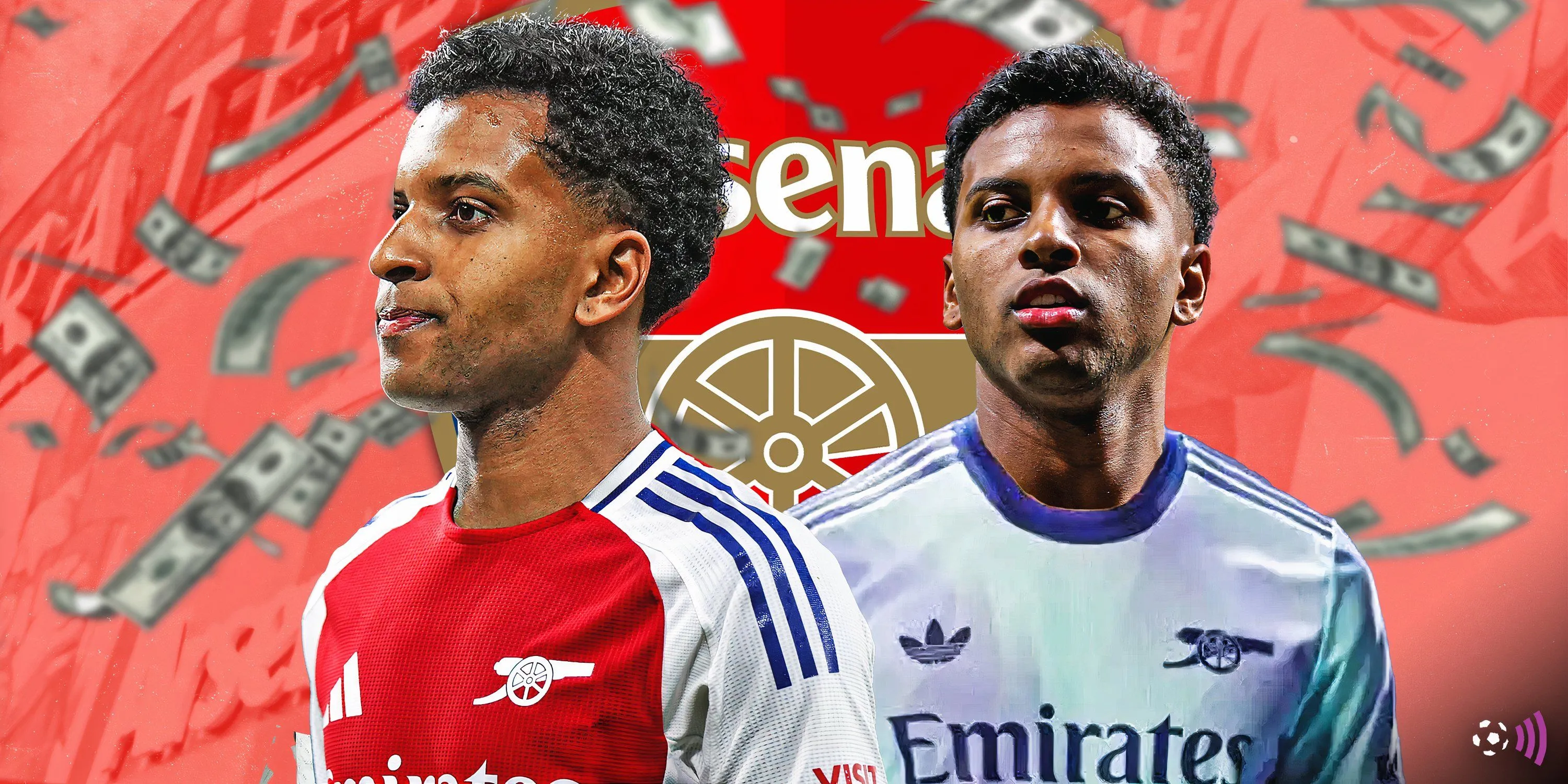 Rodrygo và logo Arsenal trên nền tối
